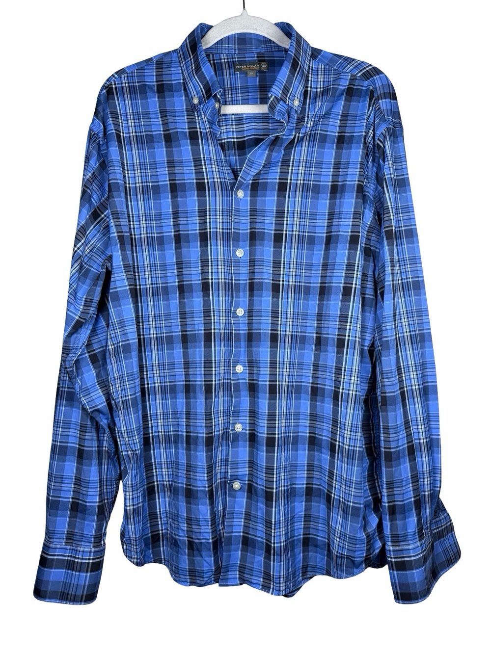 Peter Millar Blue and Navy Plaid Button-Down Shirt XL